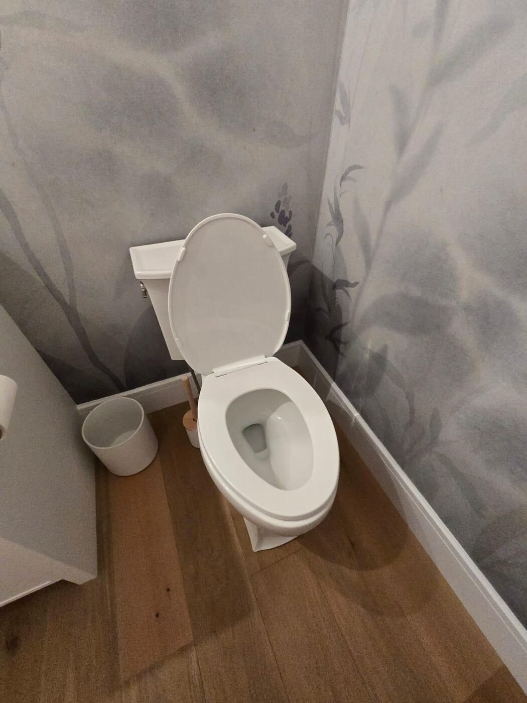 Powder room with feature wallpaper, toilet and floor disinfected